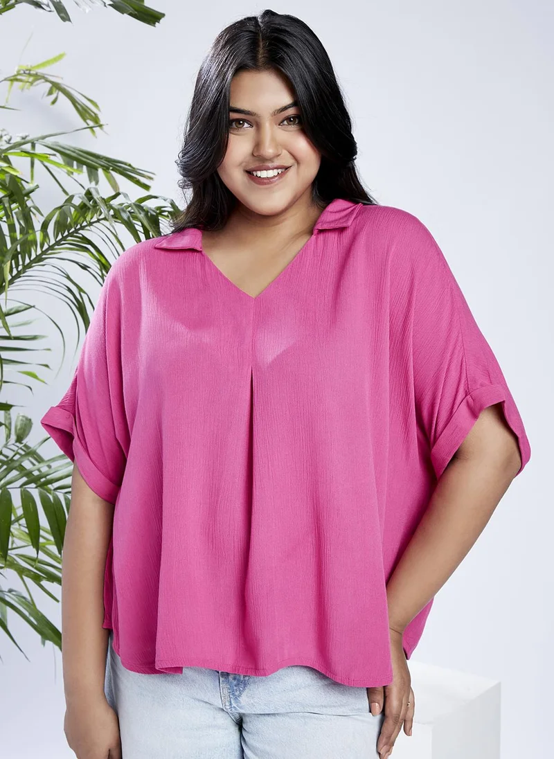 globus Globus Gloplus Women Pink Collared V-Neck Extended Sleeves Self Design Plus Size Top